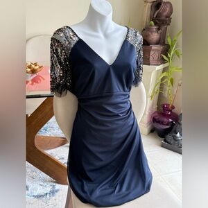 XSCAPE Lana V-Neck Beaded Flutter Sleeve Navy dress